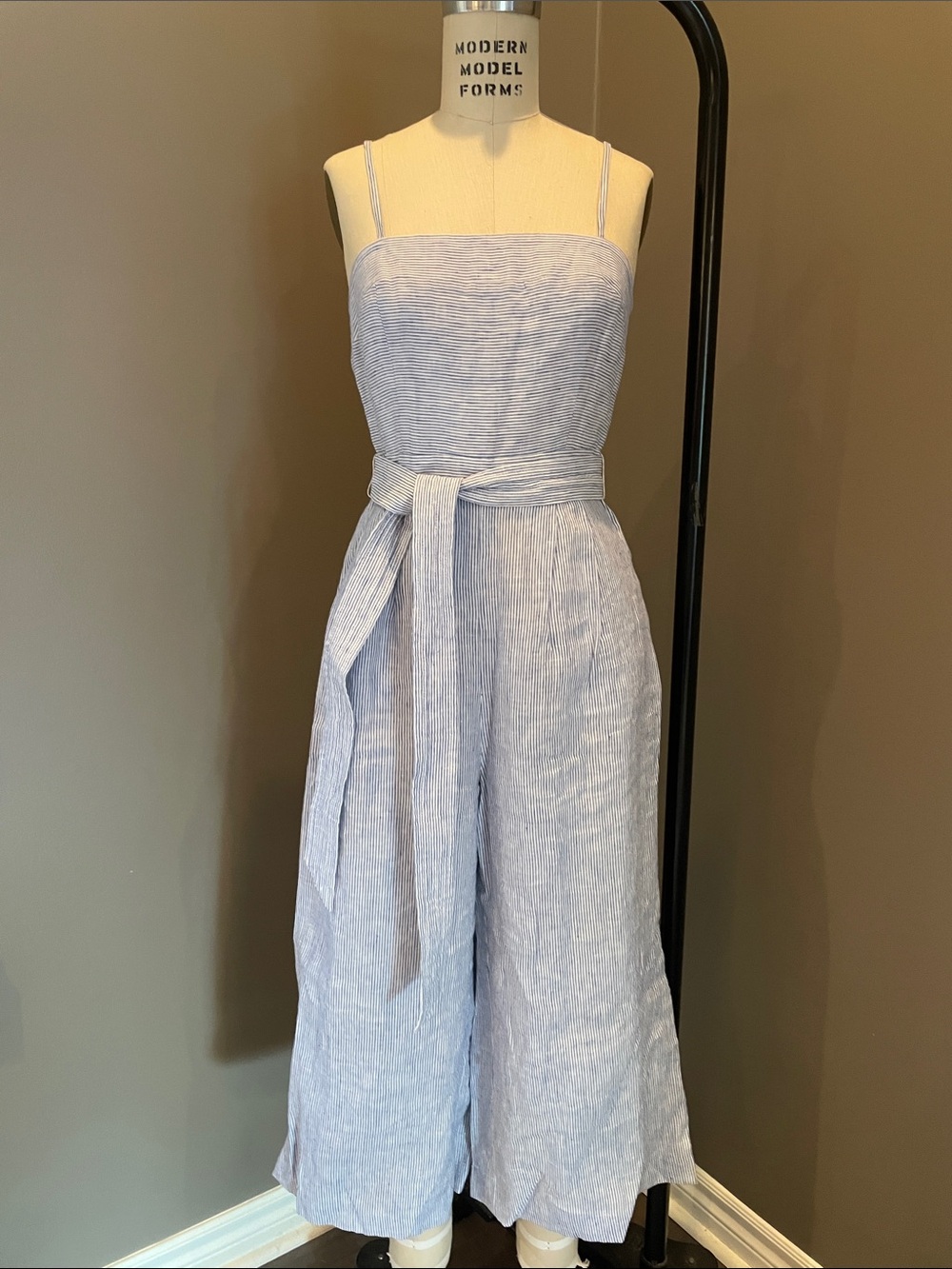 J. Crew Light Blue Pinstripe Strapless Tie-Waist Linen Jumpsuit